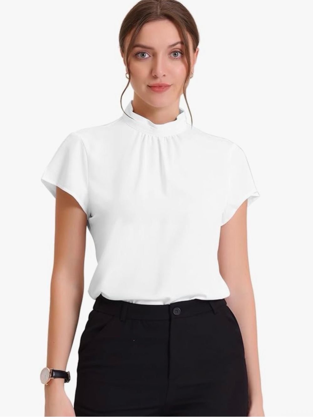 Allegra K White Mock Neck Flutter Sleeve Blouse